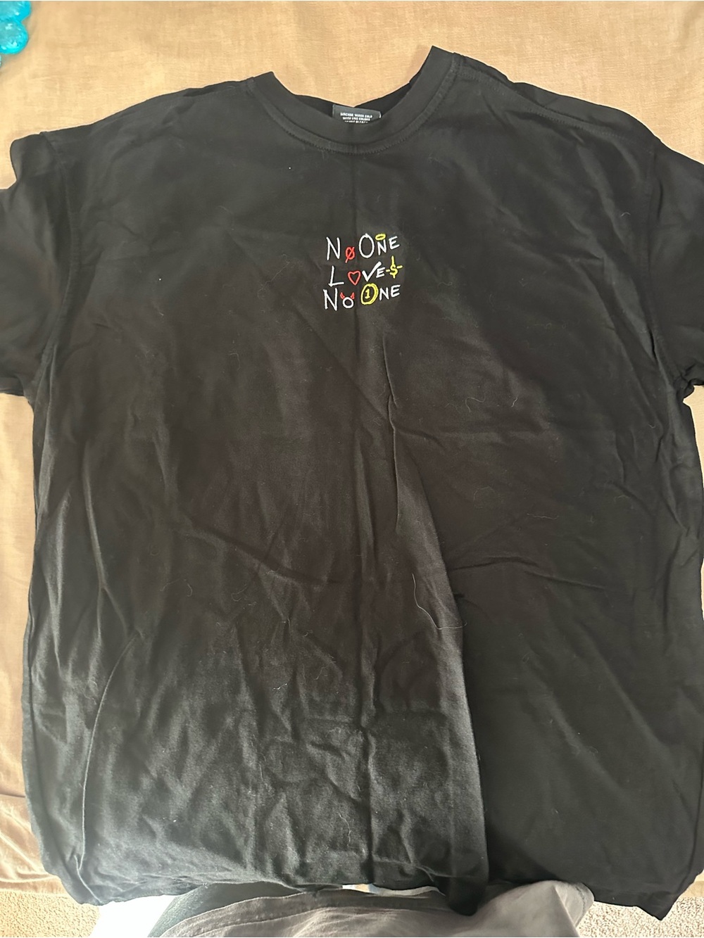Shell Corp Black Graphic Tee with Multicolor 'No One Loves No One' Embroidery
